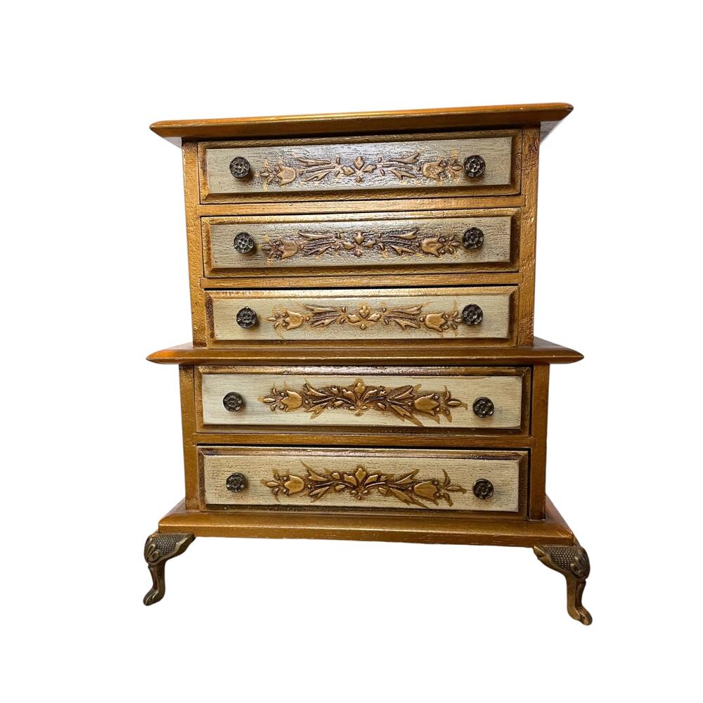 Vintage Whimsigoth Carved Wood Jewelry Chest Ornate 5 Drawer Dresser Claw Feet